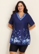 Plus Size Navy Floral V Neck  Upf50+ Short Sleeves Modest Padded Swimsuit Long Tankini Top