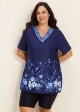Plus Size Navy Floral V Neck  Upf50+ Short Sleeves Modest Padded Swimsuit Long Tankini Top