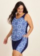 Blue Floral Print Scoop Neck Modest Built In Bra Drawstring Plus Size Women's Swimsuit Tankini Set