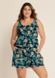 Green Swimming Costume Tropical Floral Scoop Neck Wide Strap Pocket Plus Size Swim Romper
