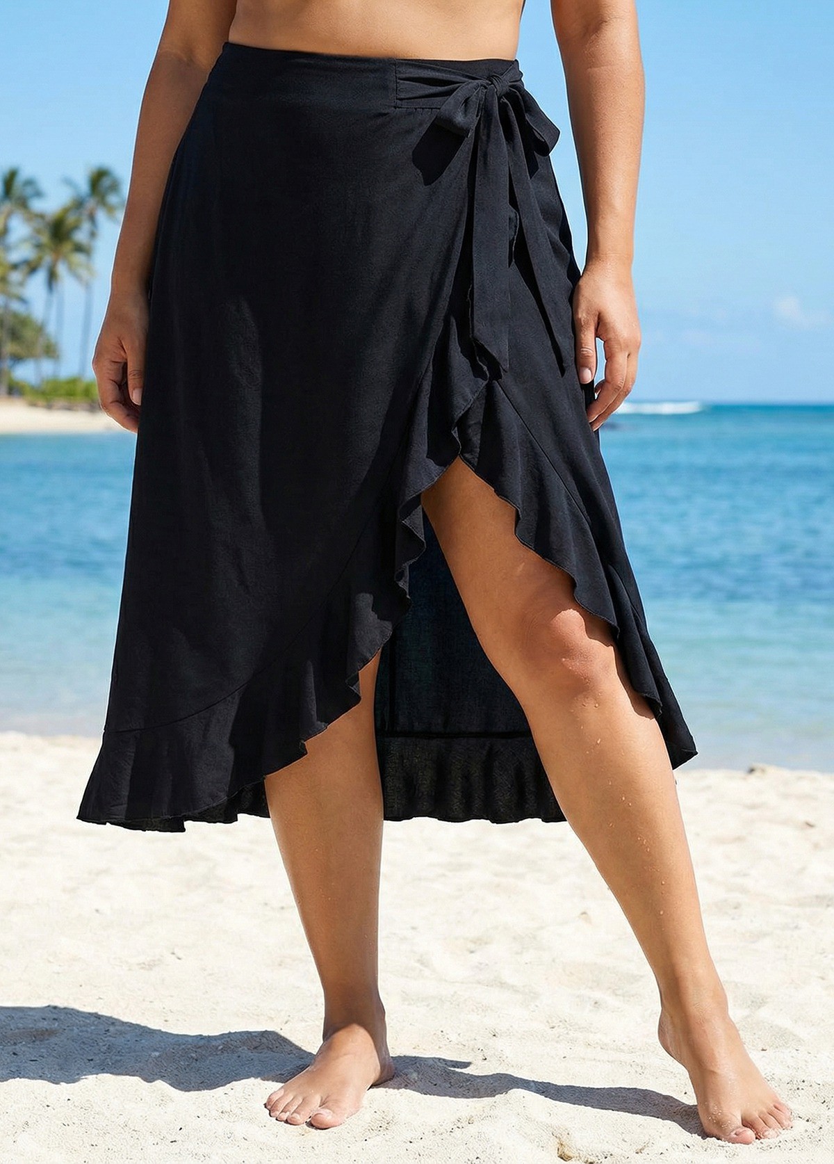 Black Plus Size Holiday Casual Ruffle Trim Tie Wrap Cover Up Skirt