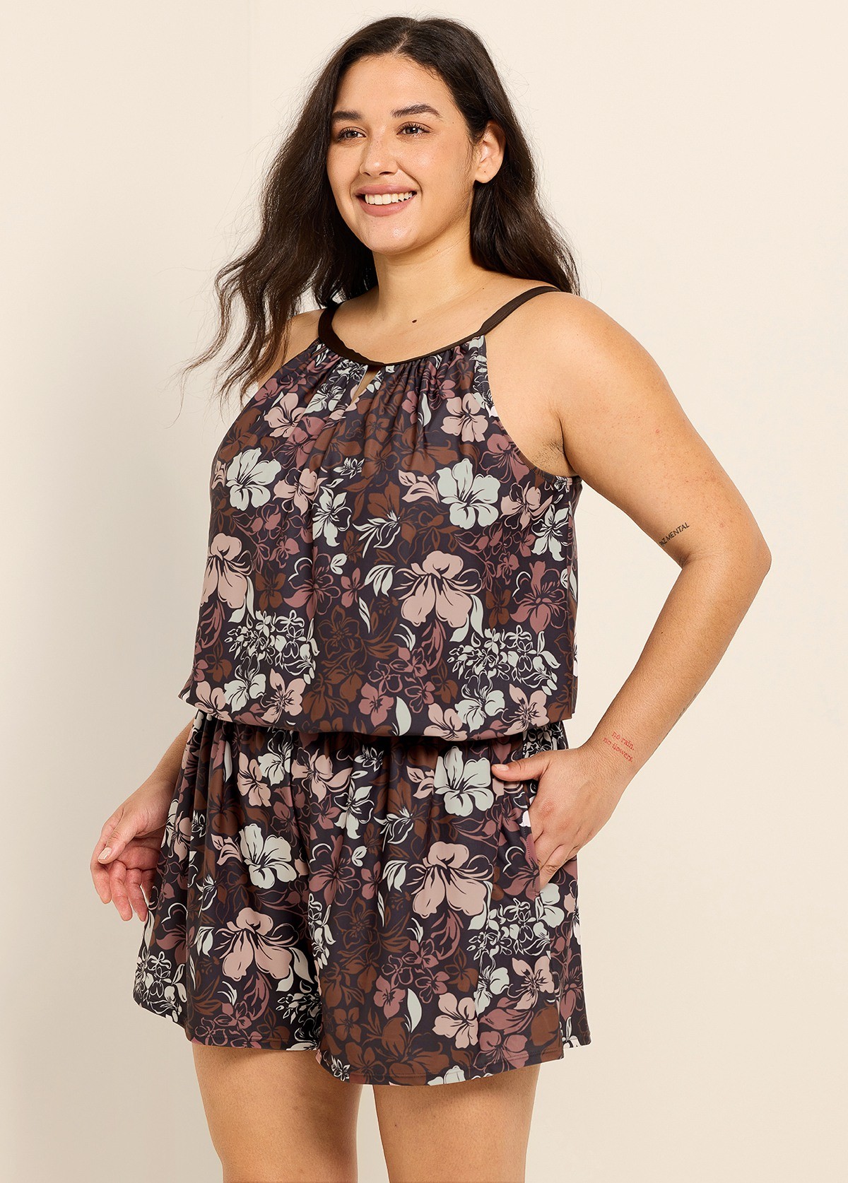 Plus Size Brown Floral High Neck Flattering Pocket Women's Swimsuit One Piece Swim Romper