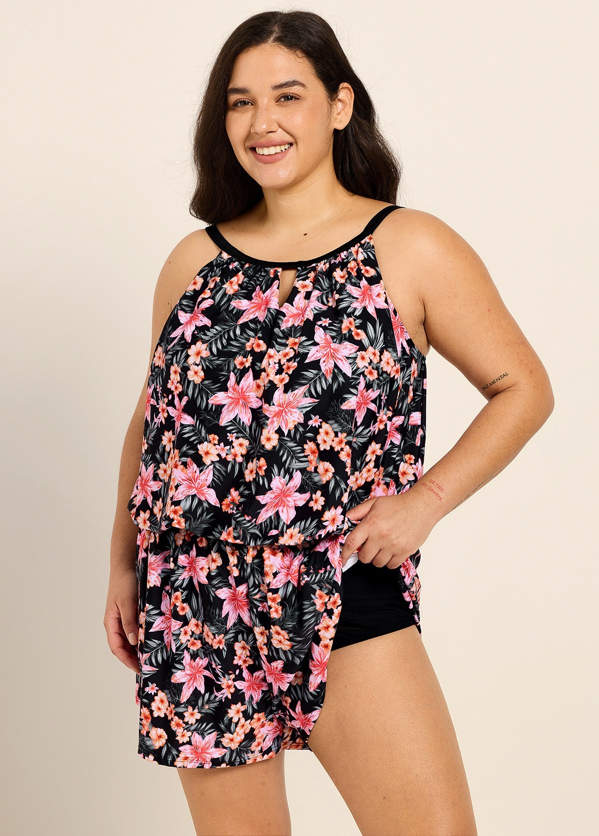 Black Pink Floral Print High Neck Vintage Pocket Plus Size Swimsuit One Piece Swim Romper