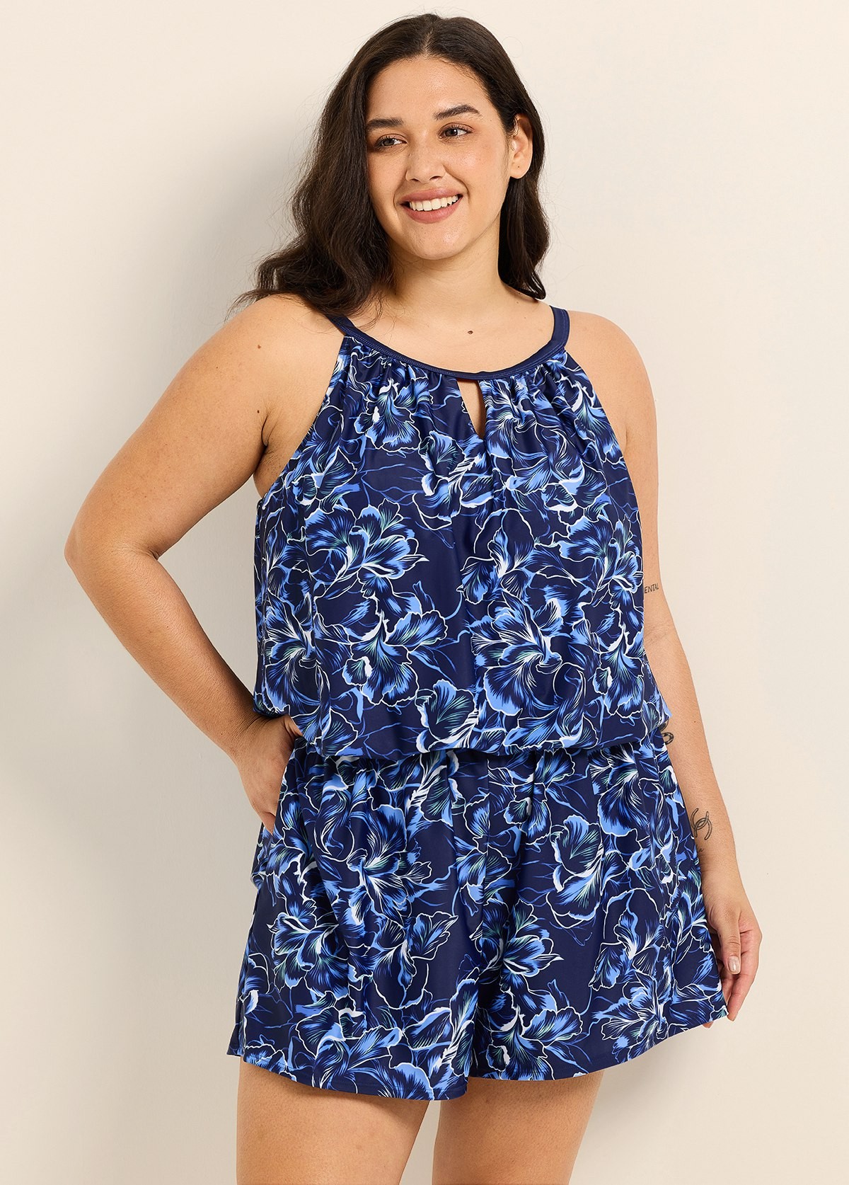 Navy Floral Keyhole Neck Flattering Pocket Curvy Women's Swimsuit One Piece Swim Romper