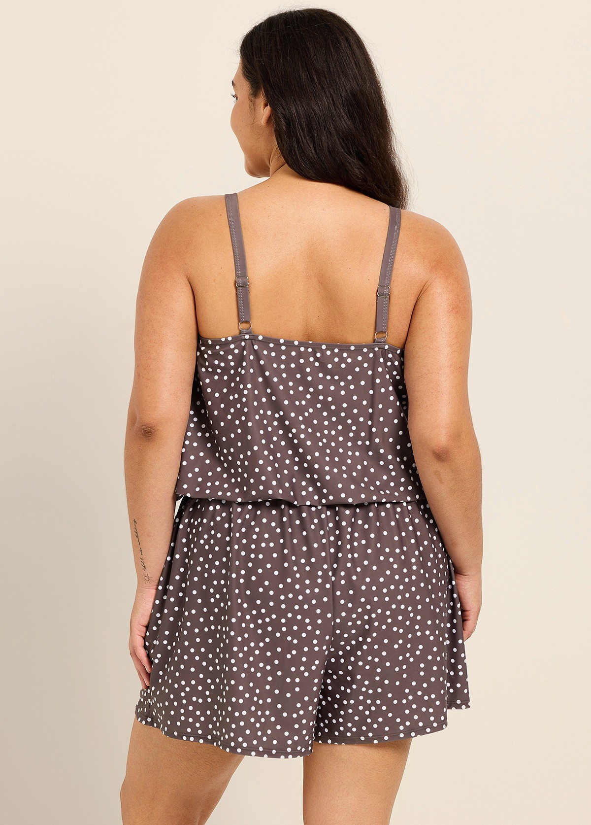 Brown White Polka Dot High Neck Flattering Pocket Plus Size Women's Swimsuit One Piece Swim Romper