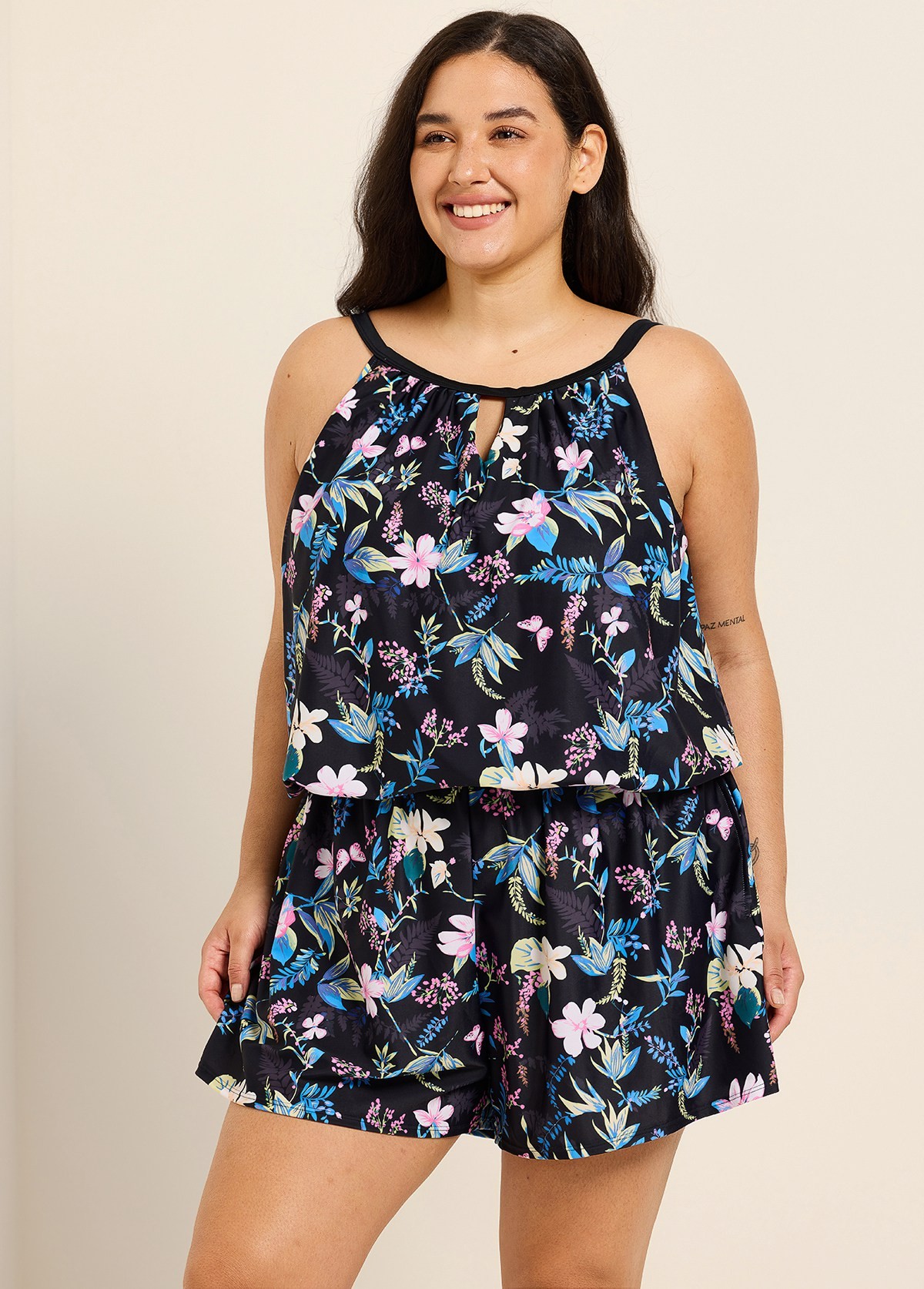 Pink Floral High Neck Vintage Pocket Curvy Women's Swimsuit One Piece Swim Romper