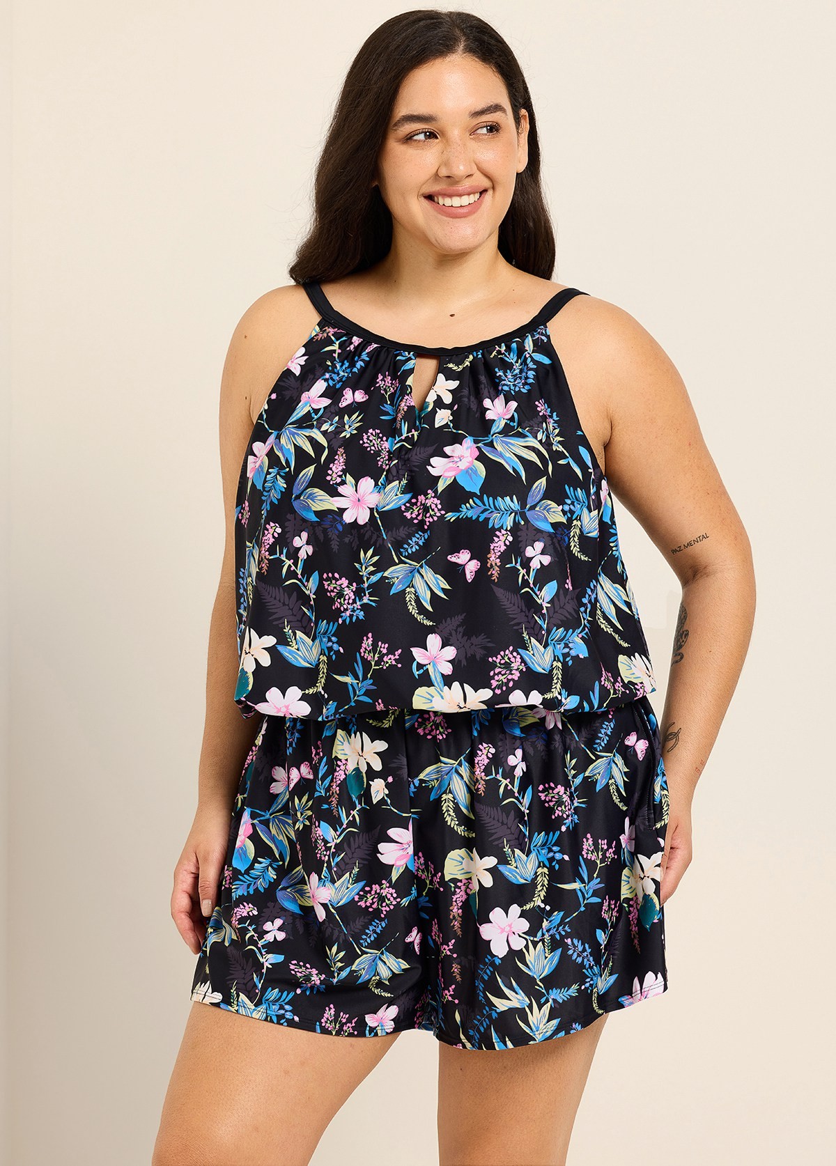 Pink Floral High Neck Vintage Pocket Curvy Women's Swimsuit One Piece Swim Romper