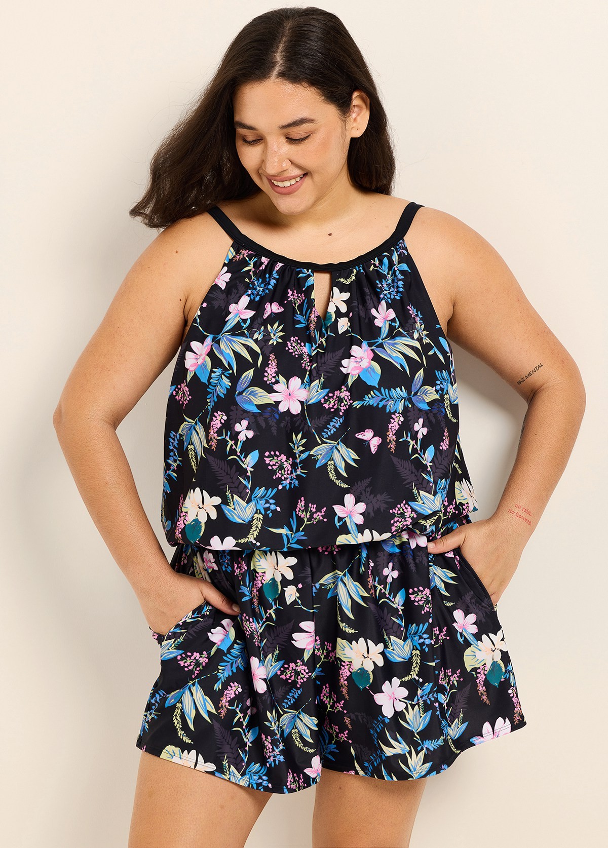 Pink Floral High Neck Vintage Pocket Curvy Women's Swimsuit One Piece Swim Romper