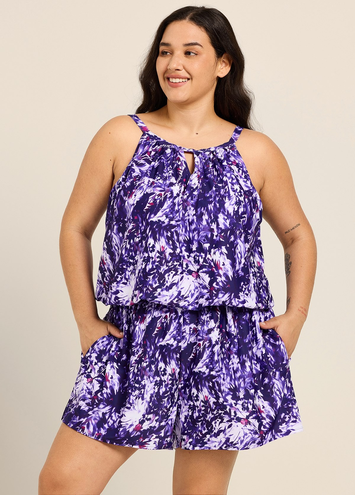 Purple Leaf High Neck Flattering Pocket Plus Size Women's Swimsuit One Piece Swim Romper
