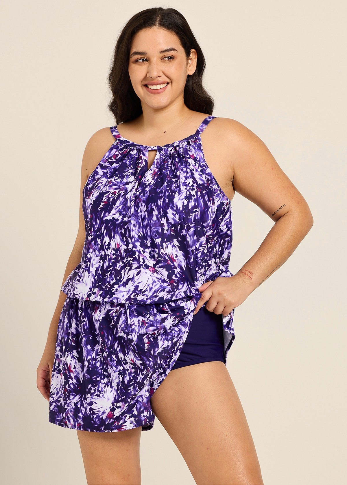 Purple Leaf High Neck Flattering Pocket Plus Size Women's Swimsuit One Piece Swim Romper