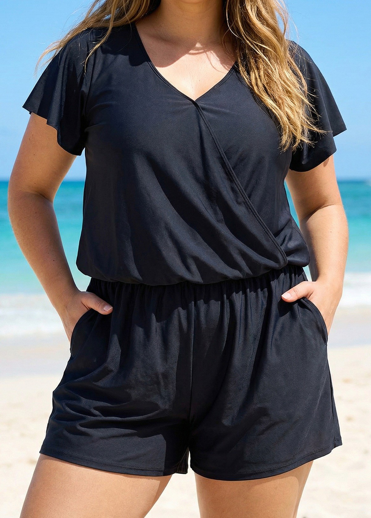 Black Short Sleeves Pocket Curvy 1 Piece Bathing Suits Romper One Piece Swimsuit