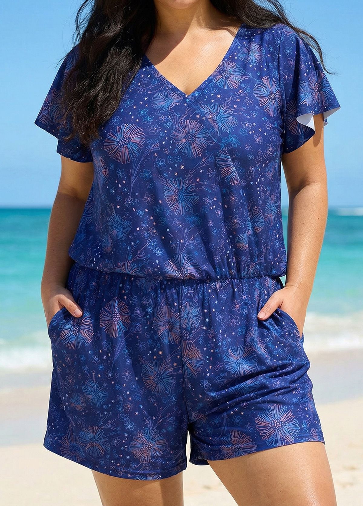 Curvy Navy Blue Floral Print Upf50+ Short Sleeves Pocket Swimsuit One Piece Swim Romper