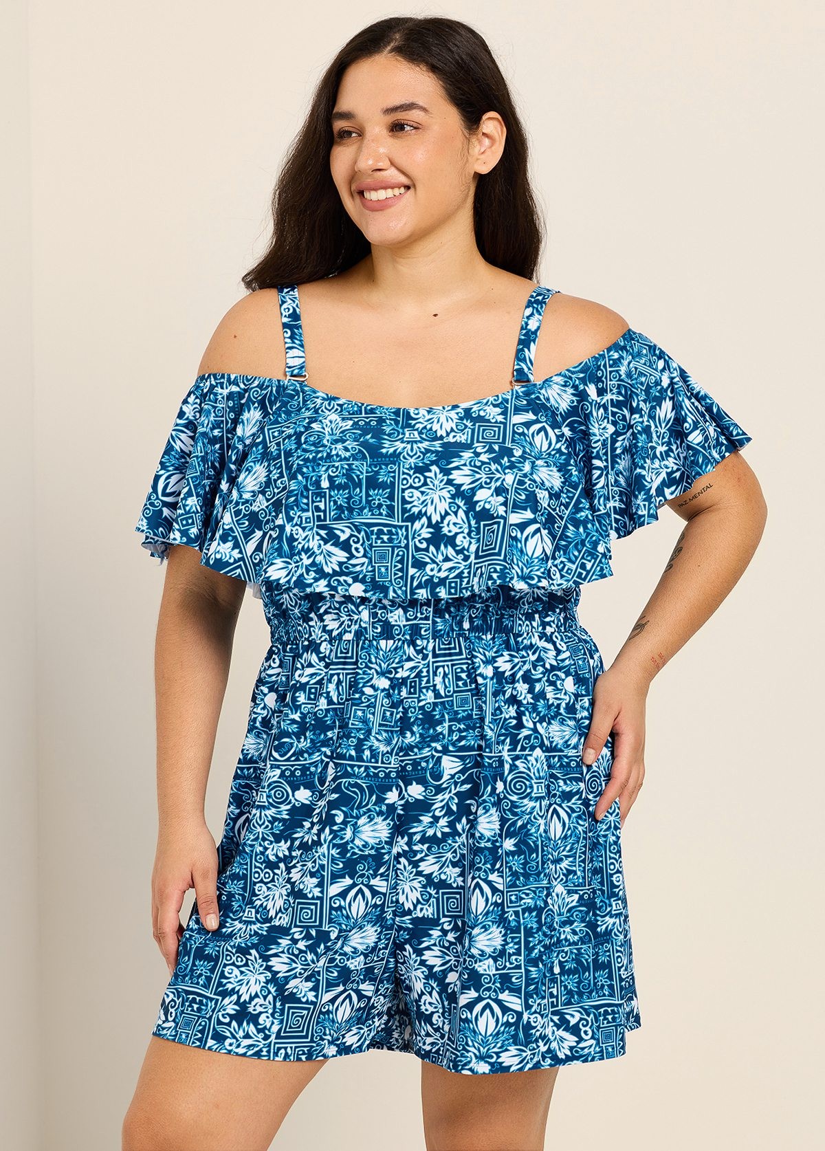 Navy Blue Floral Flattering Off Shoulder Ruffled Curvy Swimsuit One Piece Swim Romper