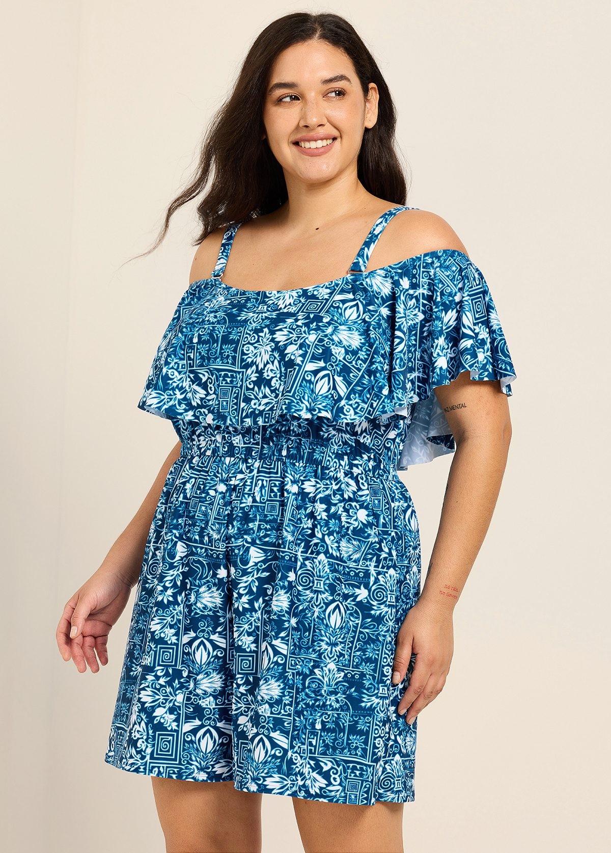 Navy Blue Floral Flattering Off Shoulder Ruffled Curvy Swimsuit One Piece Swim Romper