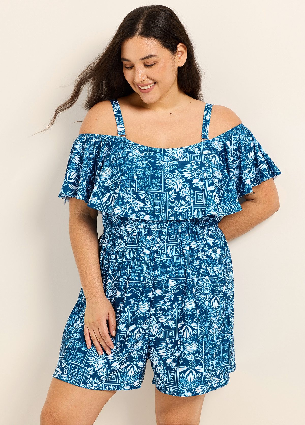 Navy Blue Floral Flattering Off Shoulder Ruffled Curvy Swimsuit One Piece Swim Romper