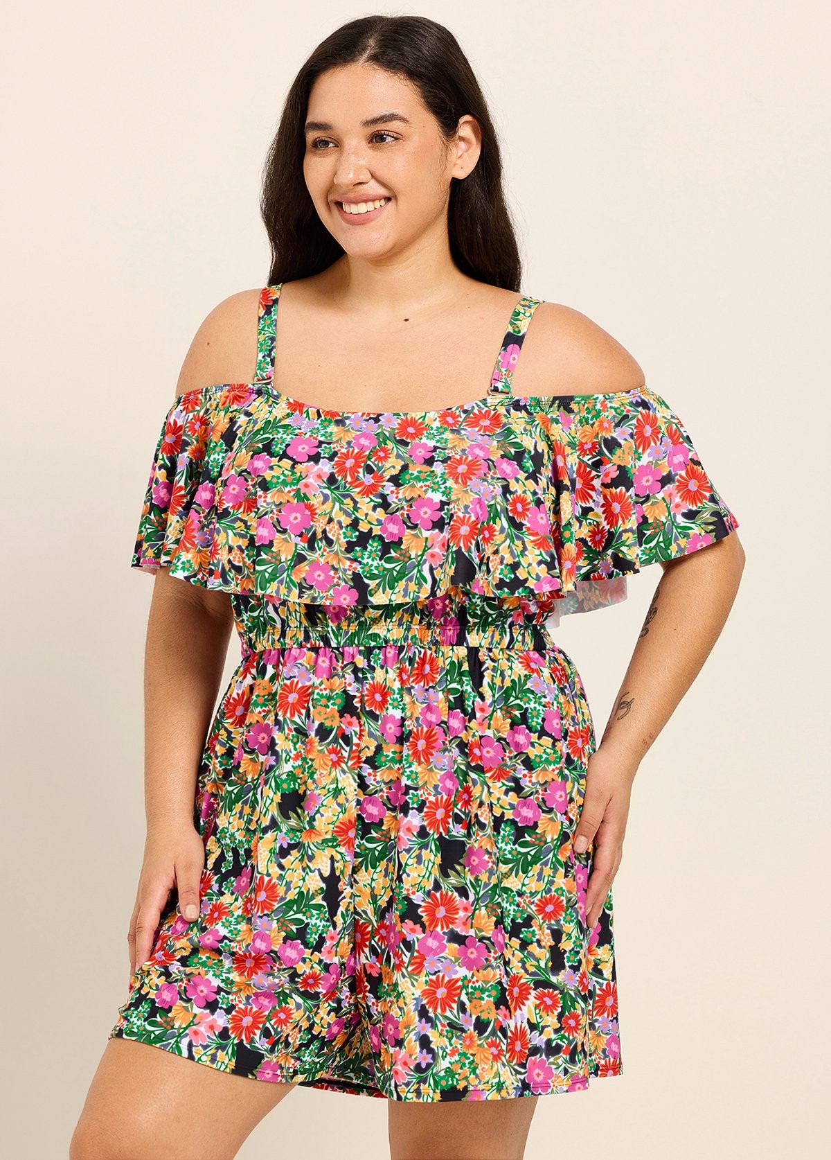 Plus Size Black Floral Flattering Off Shoulder Ruffled Swimsuit One Piece Swimdress