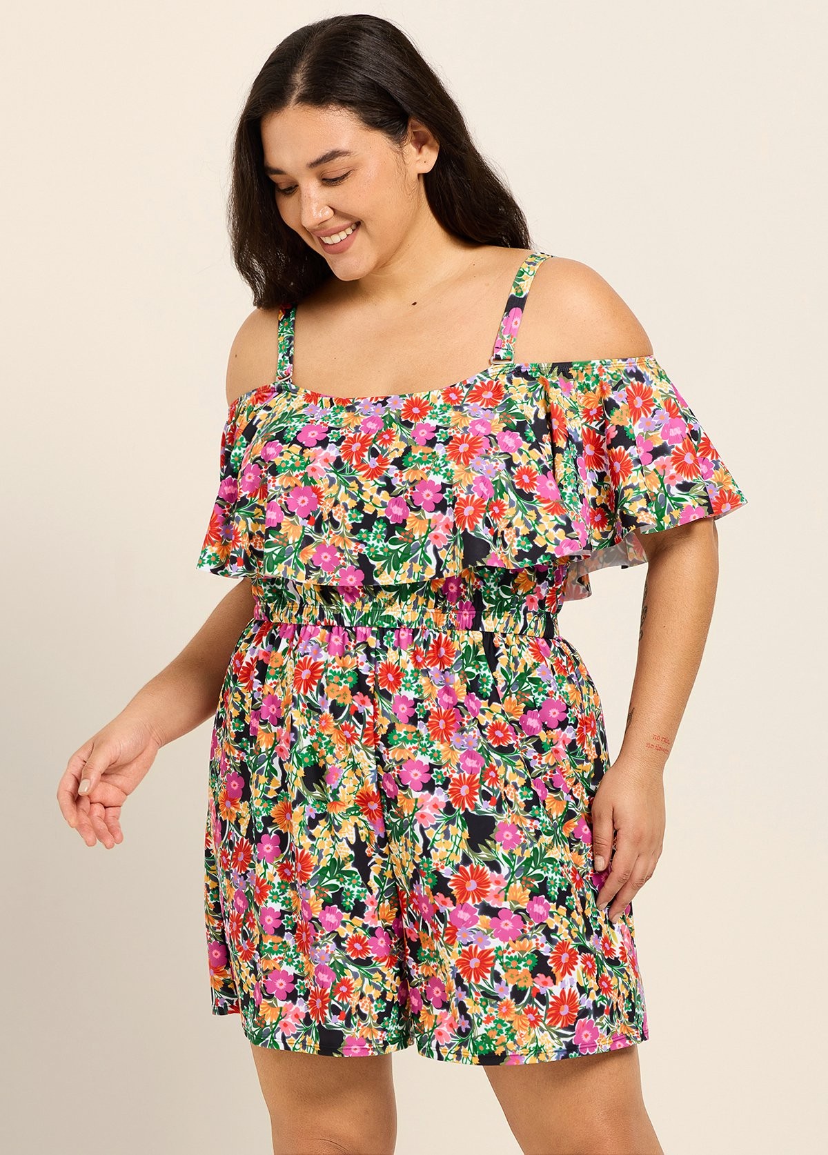 Plus Size Black Floral Flattering Off Shoulder Ruffled Swimsuit One Piece Swimdress