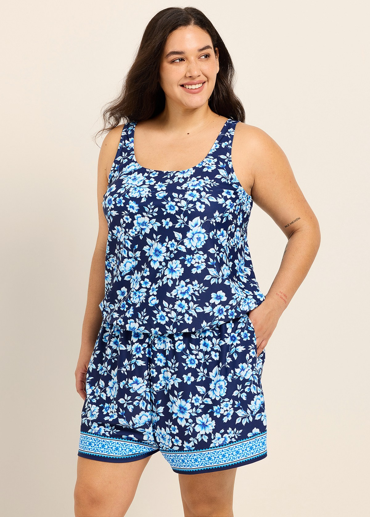 Curvy Navy Floral Flattering Wide Straps Pocket Women's Swimsuit One Piece Swim Romper