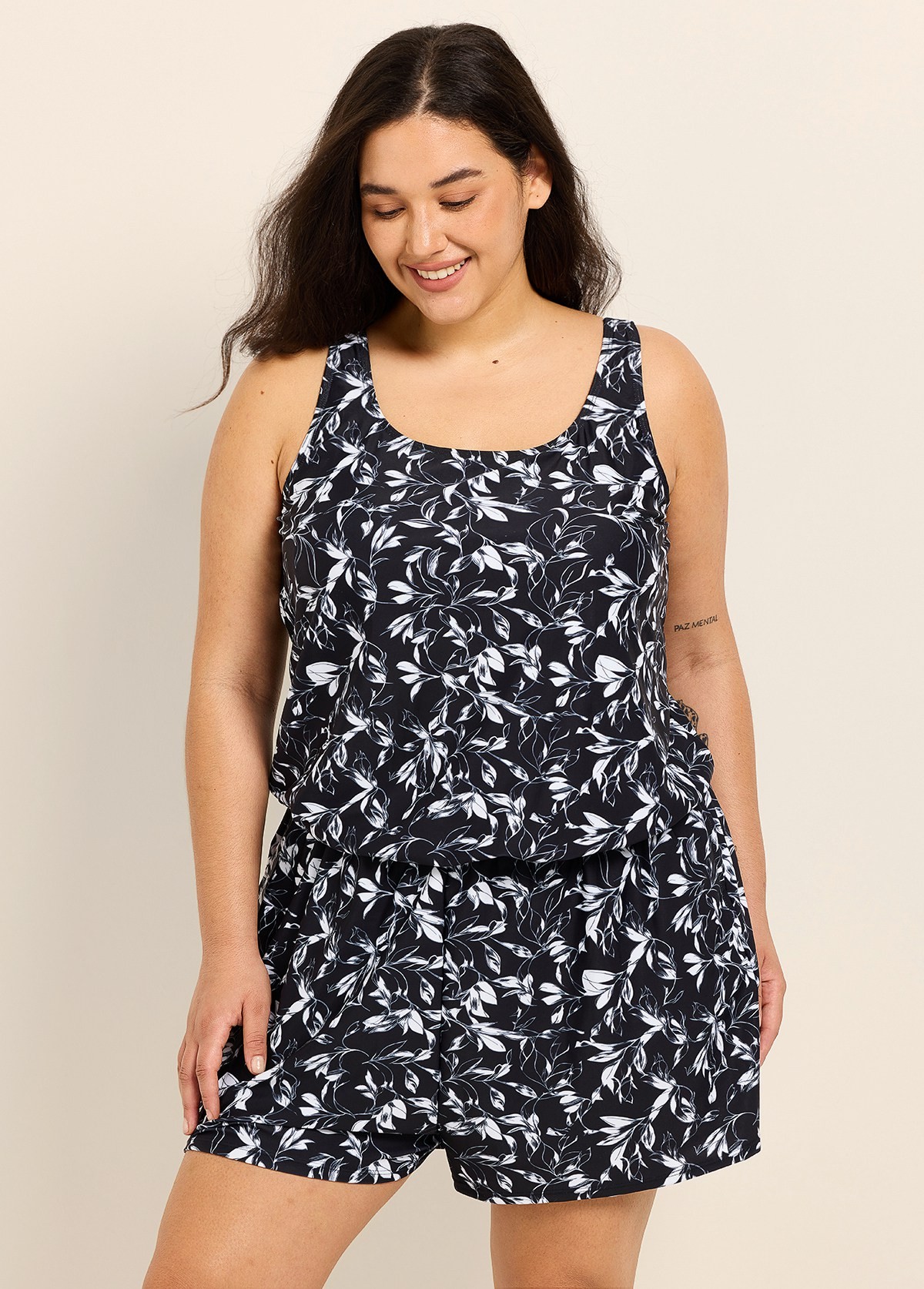 Plus Size Black White Leaf Modest Wide Straps Pocket Women's Swimsuit One Piece Swim Romper