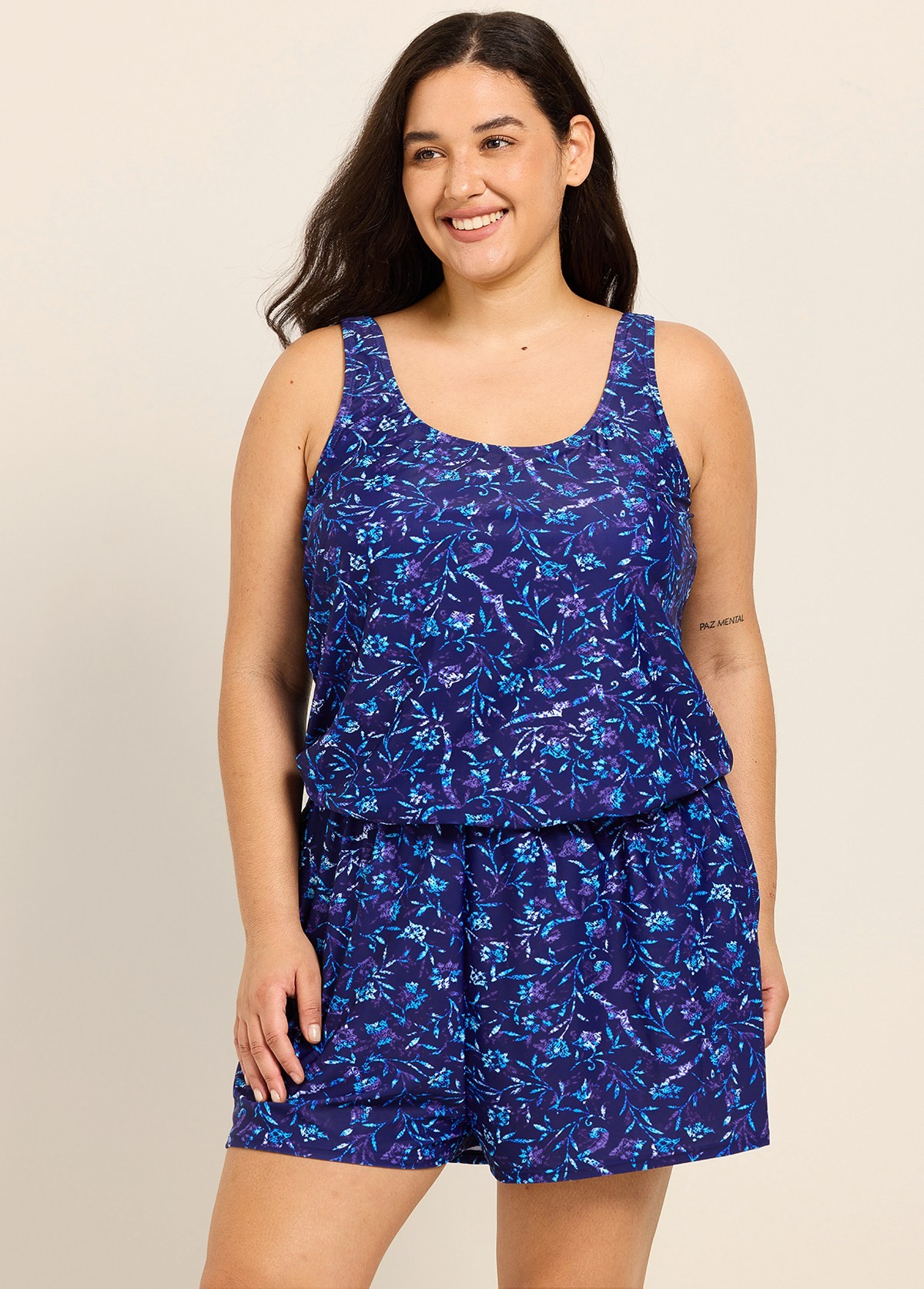 Navy Floral Scoop Neck Flattering Wide Straps Pocket Curvy Swimsuit One Piece Swim Romper