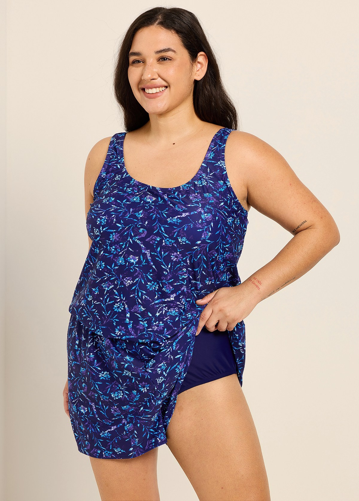 Navy Floral Scoop Neck Flattering Wide Straps Pocket Curvy Swimsuit One Piece Swim Romper