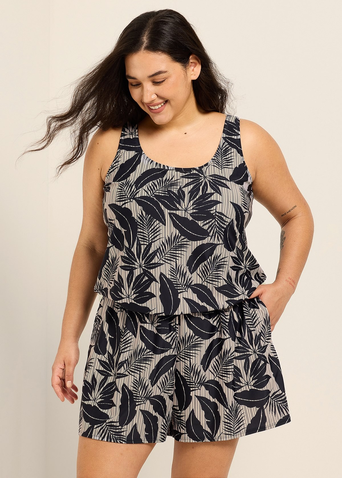 Black Plant Stripe Modest Wide Straps Pocket Plus Size Swimsuit One Piece Swim Romper