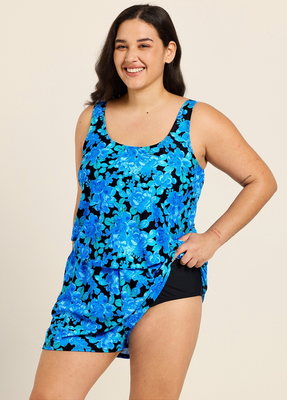 Curvy Blue Floral Scoop Neck Vintage Wide Straps Pocket Swimsuit One Piece Swim Romper