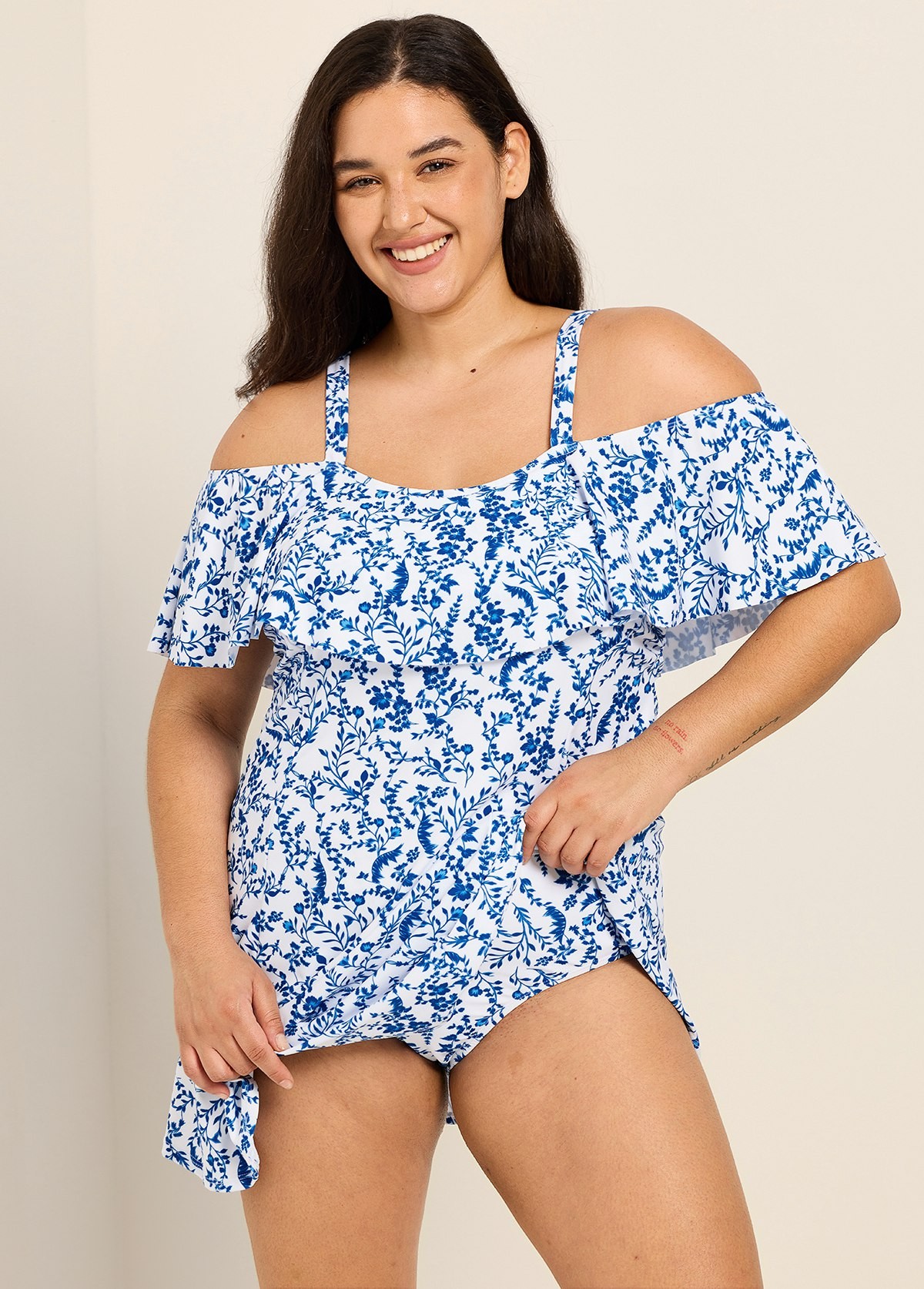 Curvy Blue Floral Print Off The Shoulder Modest Women's Swimsuit One Piece Swimdress