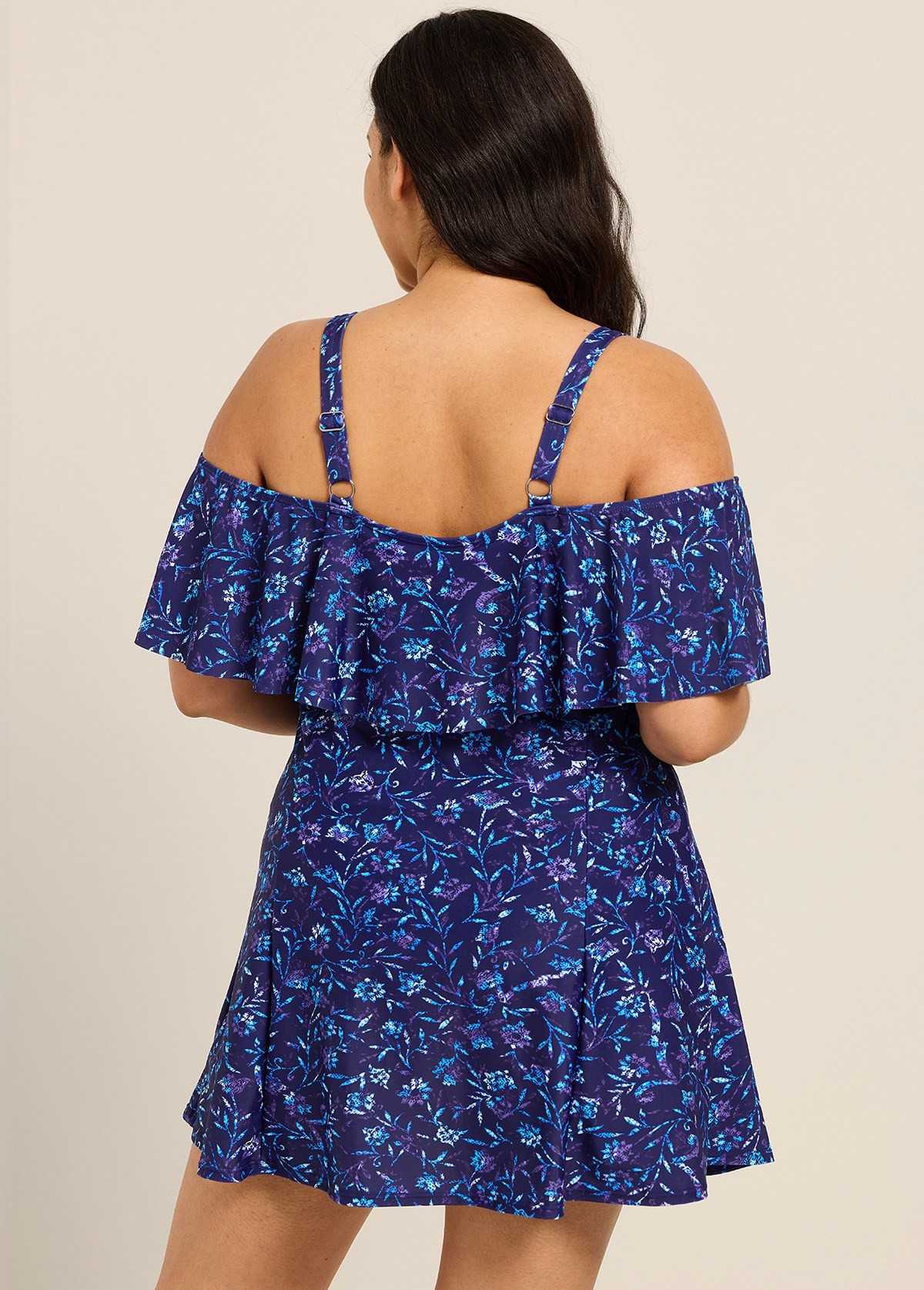 Navy Floral Off The Shoulder Flattering Curvy Women's Swimsuit One Piece Swimdress