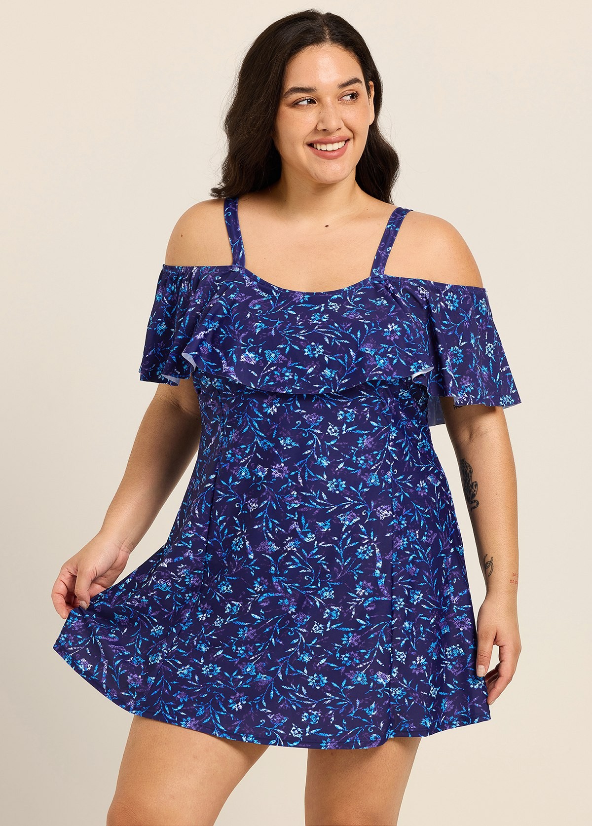 Navy Floral Off The Shoulder Flattering Curvy Women's Swimsuit One Piece Swimdress