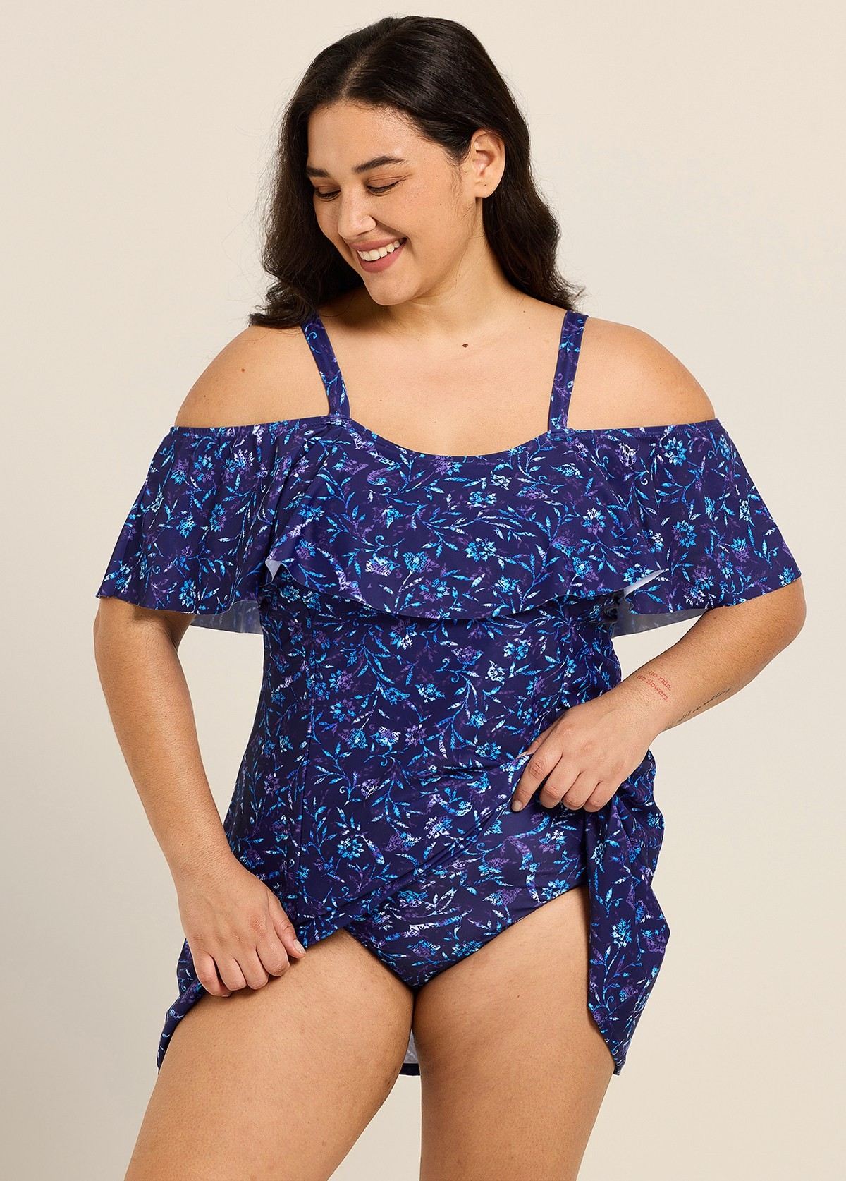 Navy Floral Off The Shoulder Flattering Curvy Women's Swimsuit One Piece Swimdress