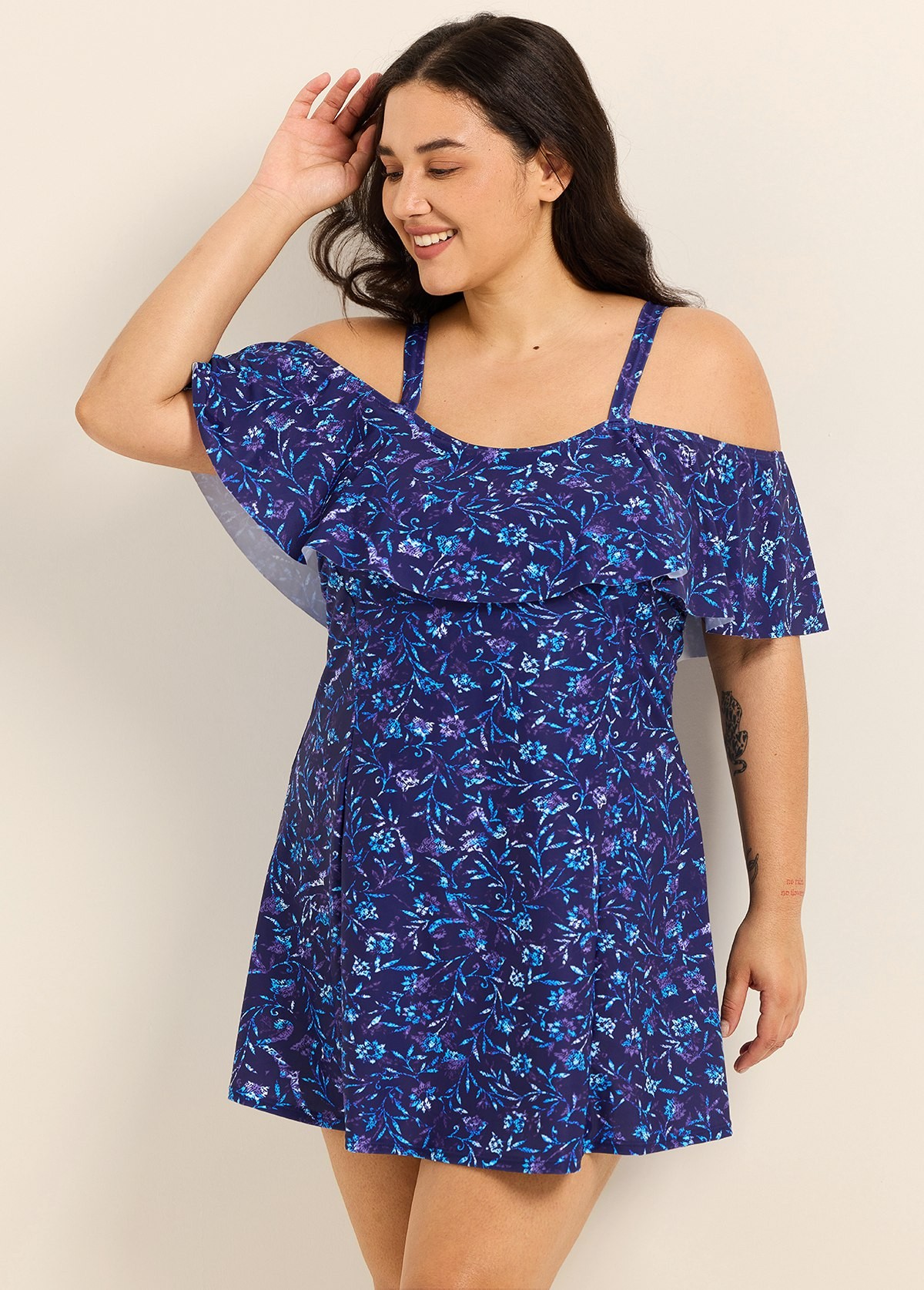 Navy Floral Off The Shoulder Flattering Curvy Women's Swimsuit One Piece Swimdress