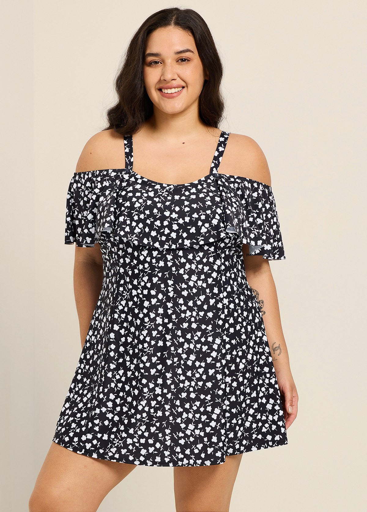 White Floral Off The Shoulder Modest Plus Size Women's Swimsuit One Piece Swimdress