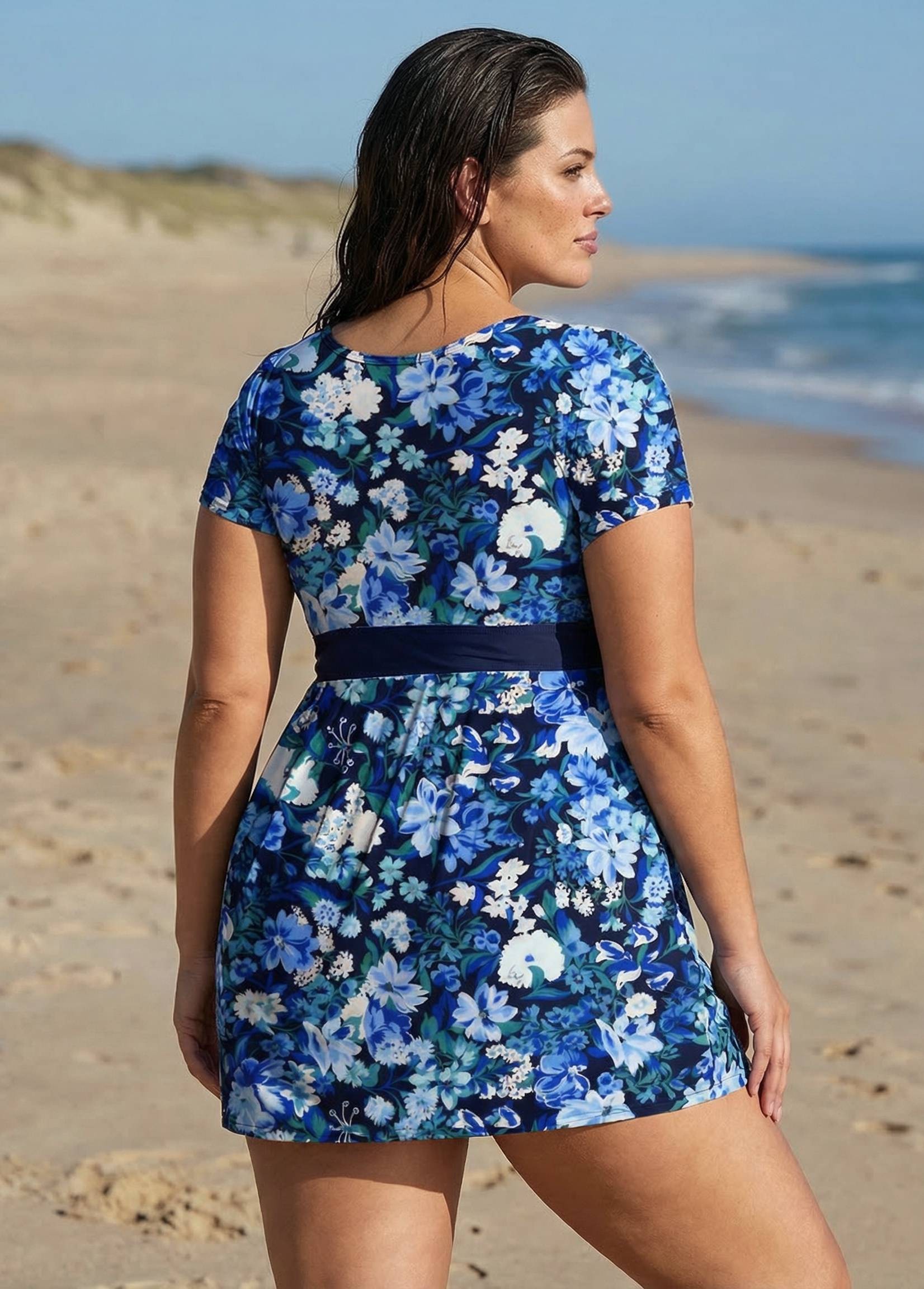 Curvy Navy Floral Upf50+ Short Sleeves Modest Padded Women's Swimsuit Swimdress Top