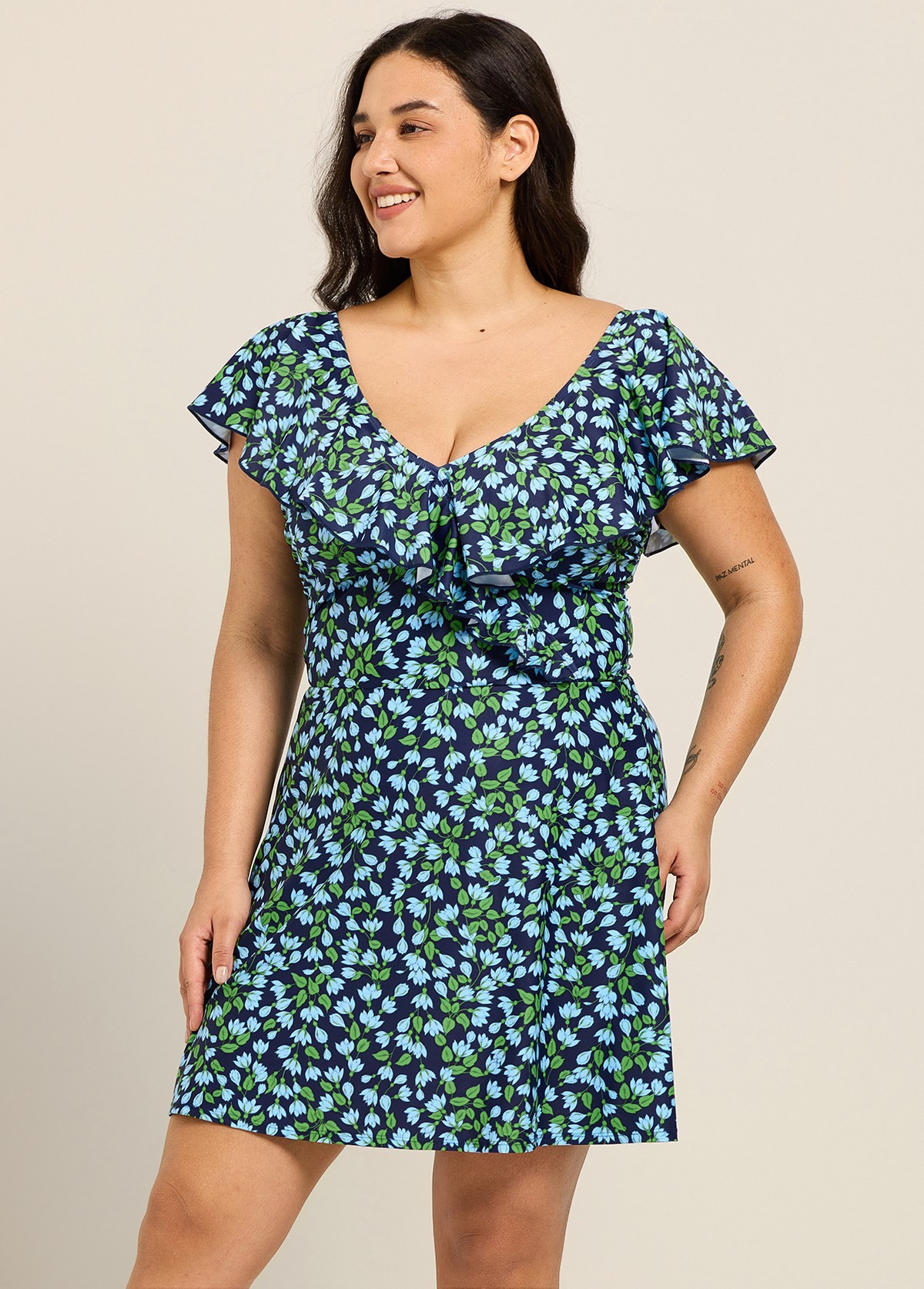 Plus Size Blue Green Floral V Neck Cap Sleeves Modest Ruffles Swimsuit Swimdress Set