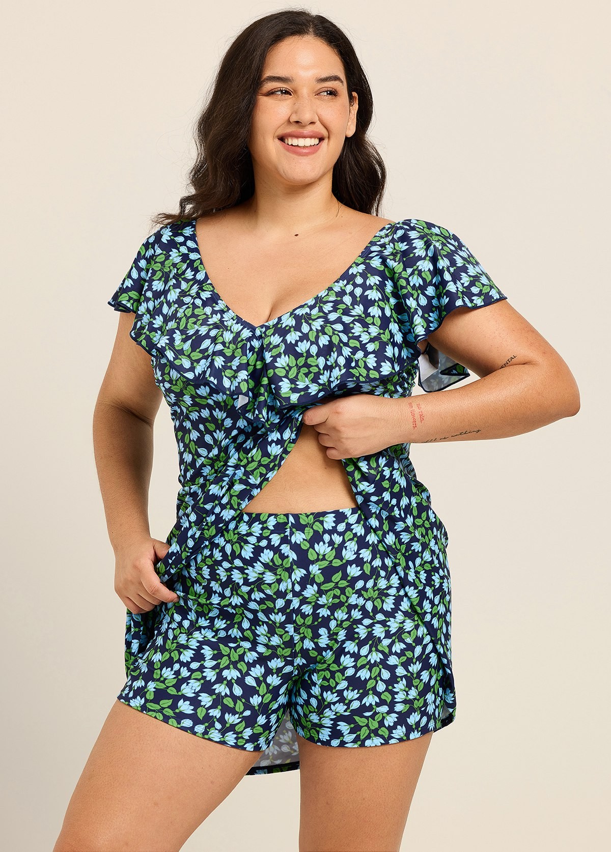 Plus Size Blue Green Floral V Neck Cap Sleeves Modest Ruffles Swimsuit Swimdress Set
