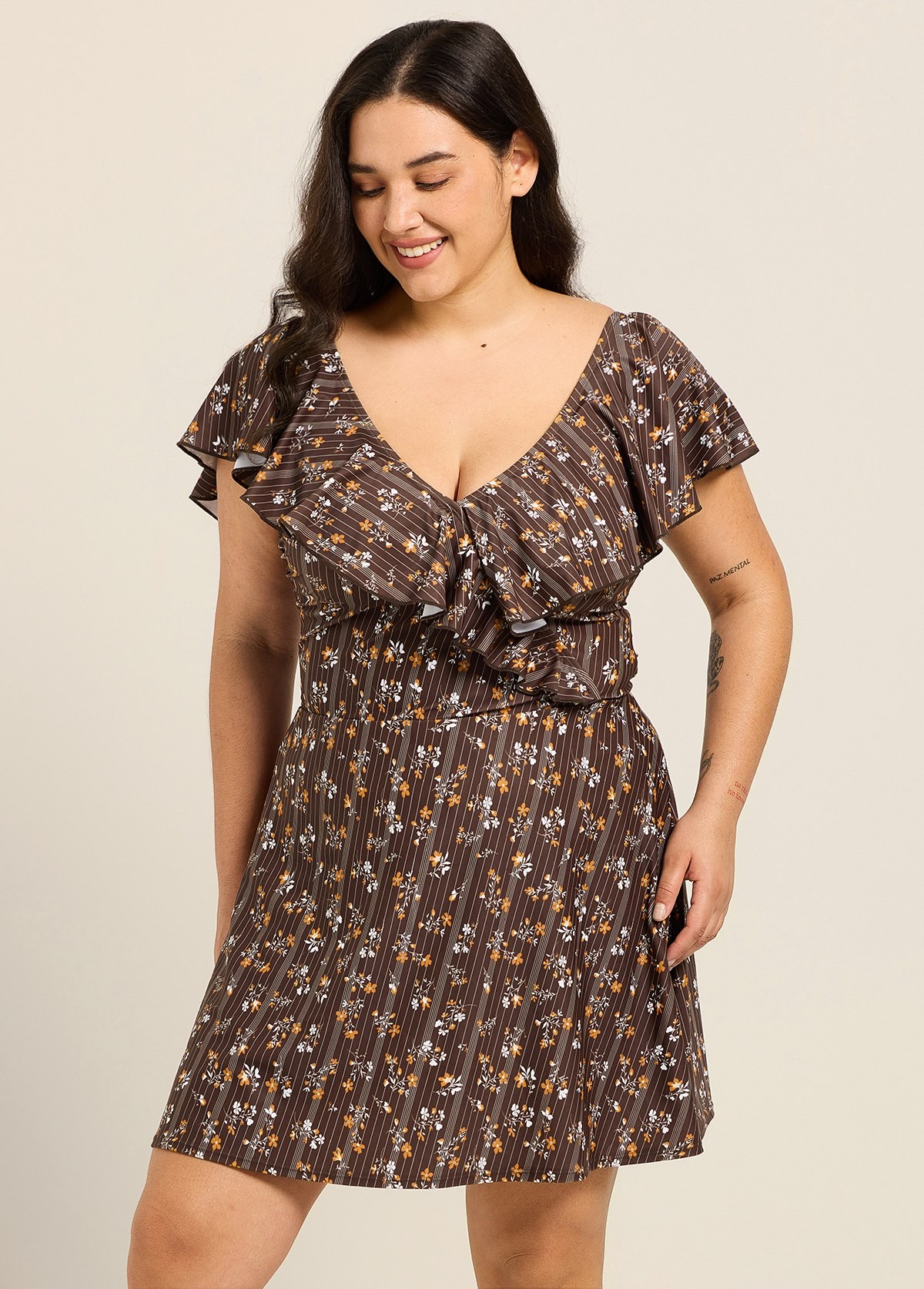 Curvy Brown Striped Floral Print V Neck Cap Sleeves Vintage Ruffles Swimsuit Swimdress Set