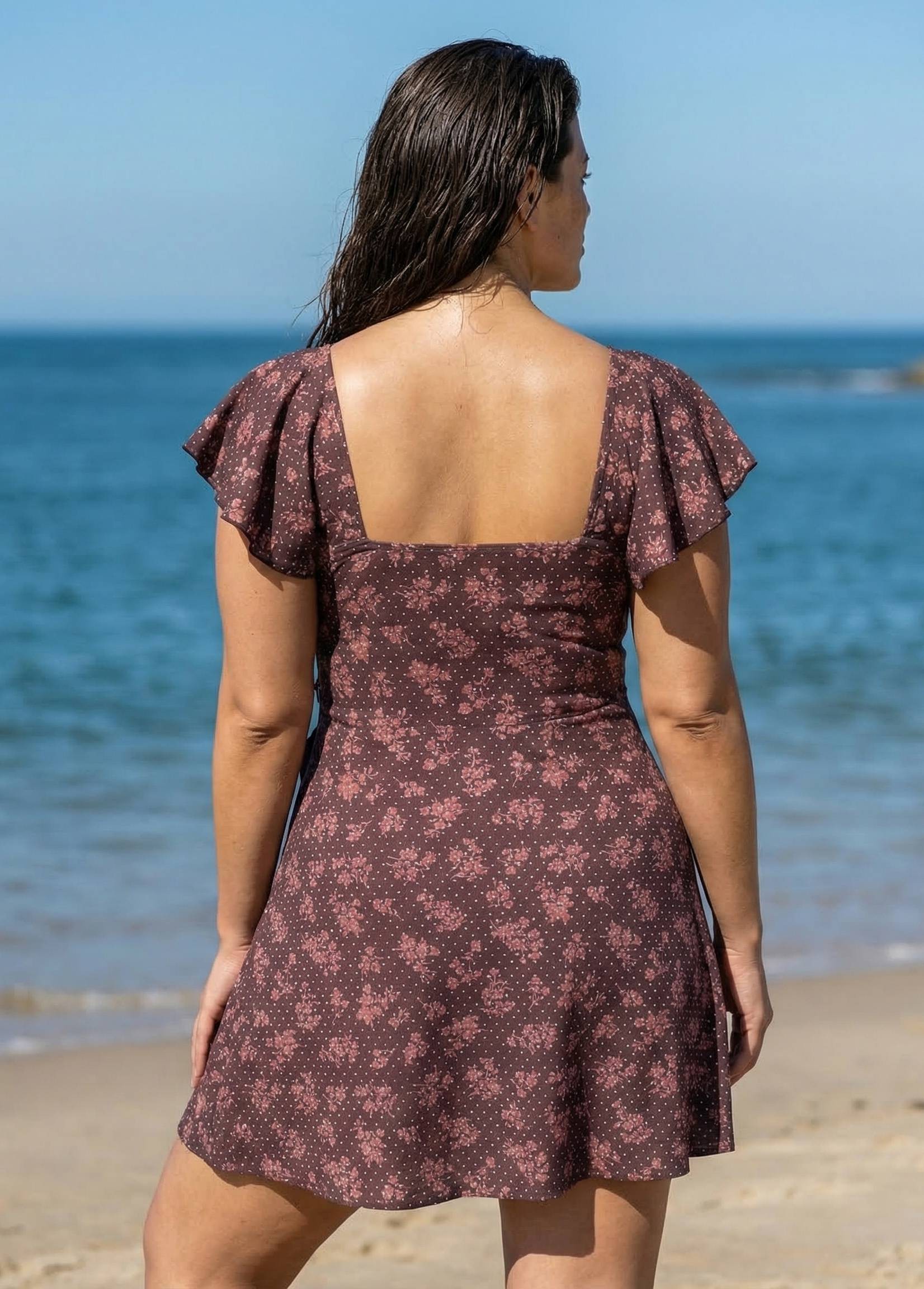 Curvy Brown Floral Dot V Neck Cap Sleeves Vintage Ruffles Women's Swimsuit Swimdress Top