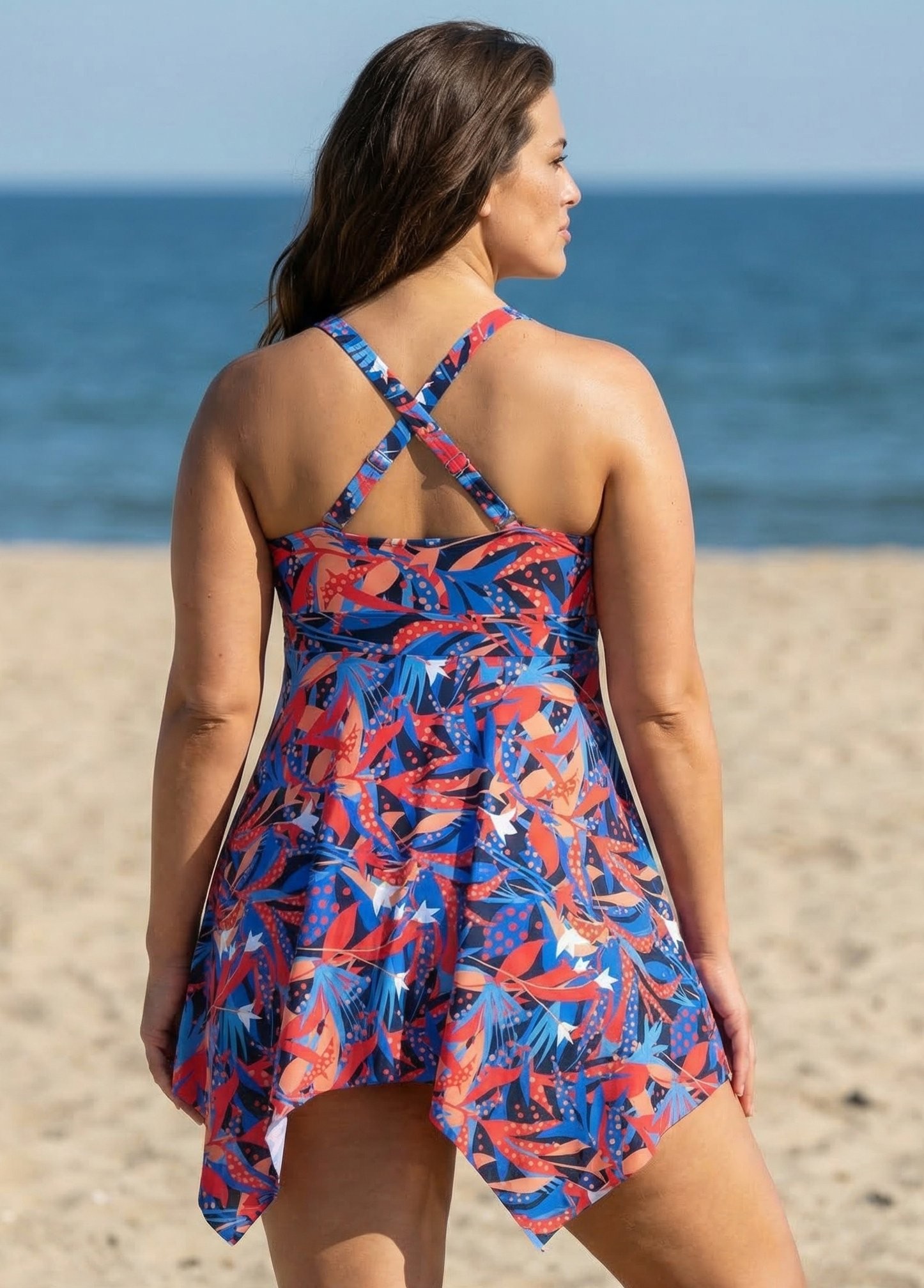 Blue And Red Tropical Leaf Modest Drawstring Asymmetrical Hem Curvy Swimsuit One Piece Swimdress