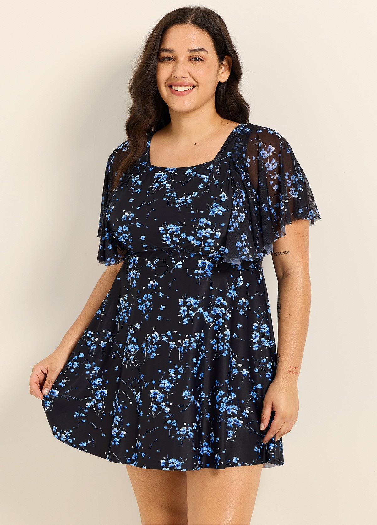 Plus Size Black Floral Print Square Neck Mesh Short Sleeves Vintage Ruffle Swimsuit Swimdress Set