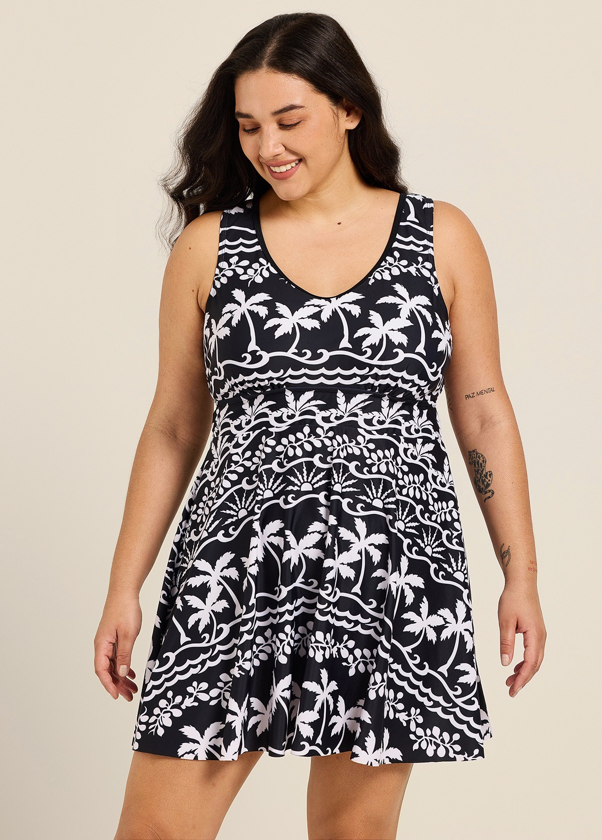 Black White Tropical Print Sleeveless Modest Padded Cross Back Plus Size Swimsuit Swimdress Set
