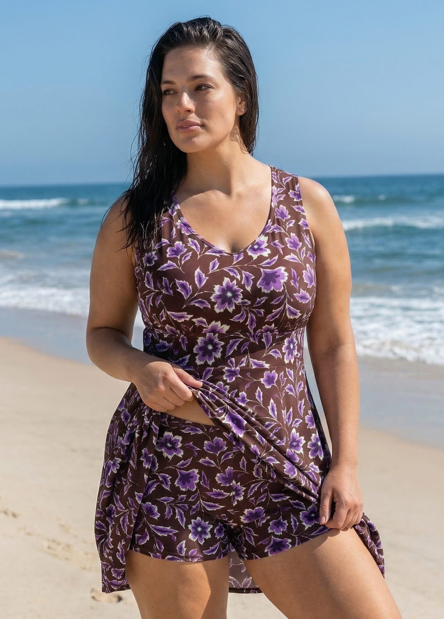 Purple Floral Scoop Neck Modest Cross Back Curvy Women's Swimsuit Swimdress Set