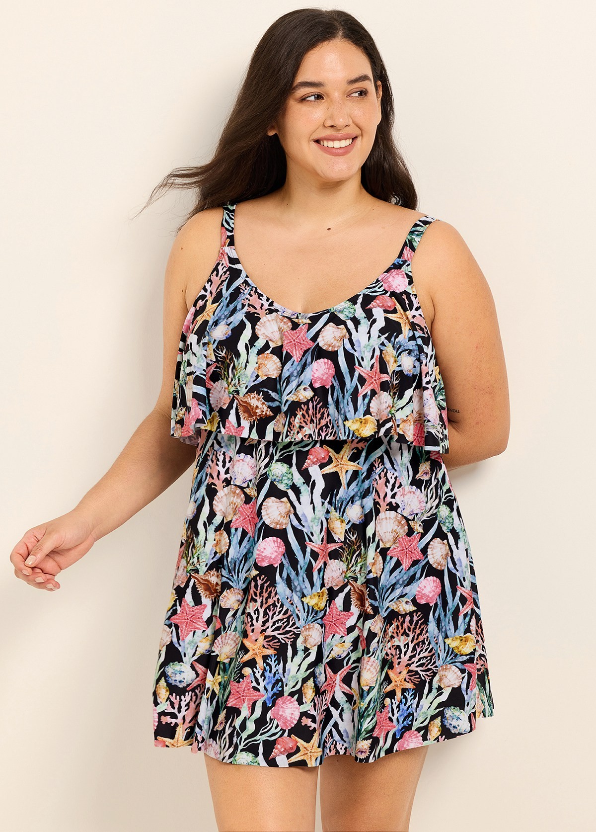 Black Plants Layered Ruffle Trim Adjustable Strap Elegant Curvy Women's Swimsuit One Piece Swimdress