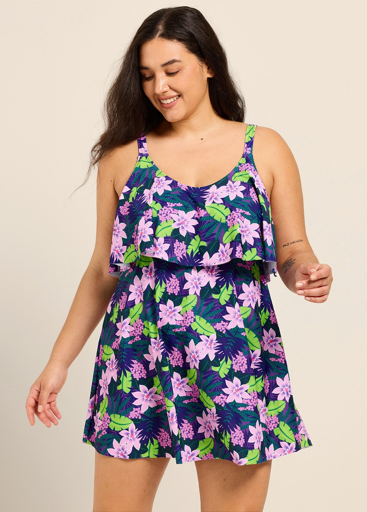 Purple Floral Layered Ruffle Trim Adjustable Strap Elegant Plus Size Swimsuit One Piece Swimdress