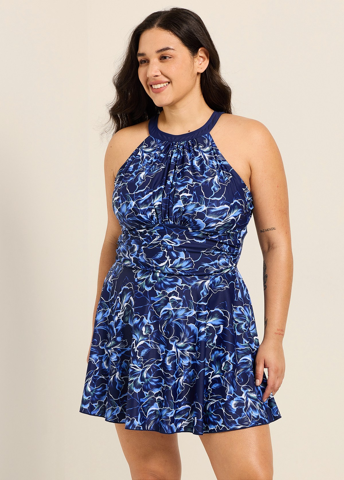 Curvy Navy Floral High Neck Flattering Ruched Women's Swimsuit Swimdress Set