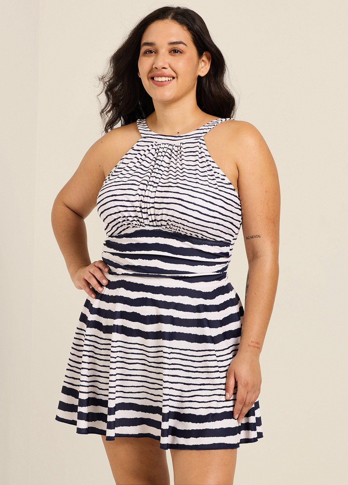 Navy Cream Ethnic Striped High Neck Modest Plus Size Swimsuit Swimdress Set