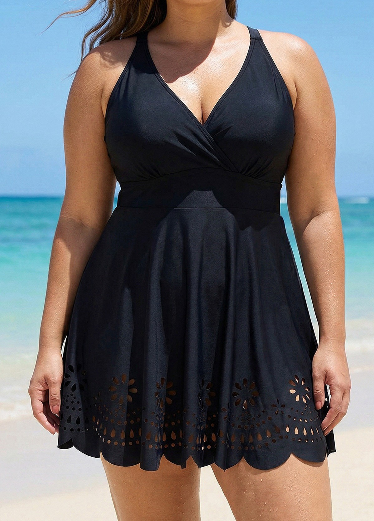 Curvy Black Laser Cut Ruched Swim Skirts For Women One Piece Swimdress
