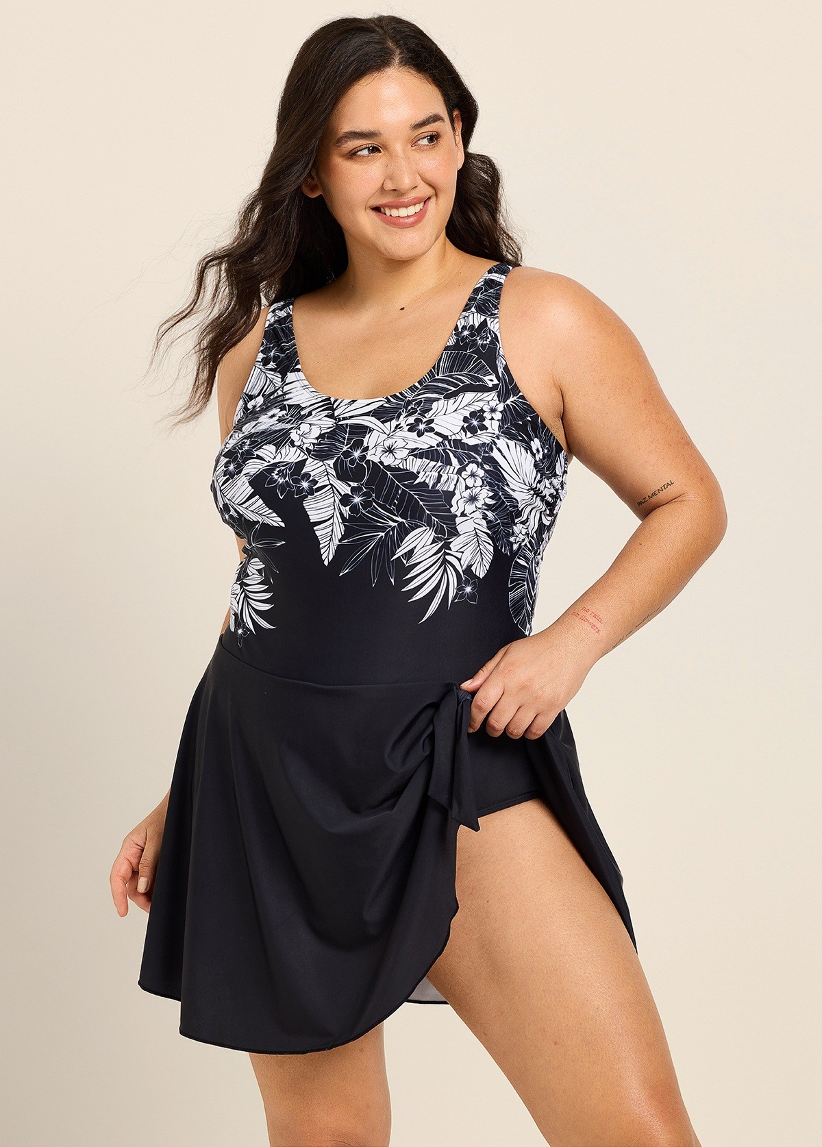 Plus Size Black Tropical Floral Print Square Neck Vintage Side Knot Swimsuit One Piece Swimdress