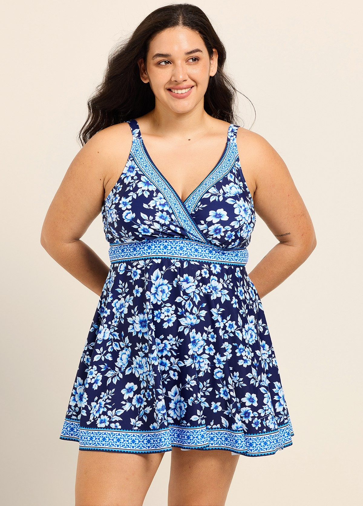 Plus Size Navy Floral V Neck Sleeveless Modest Women's Swimsuit Swimdress Set