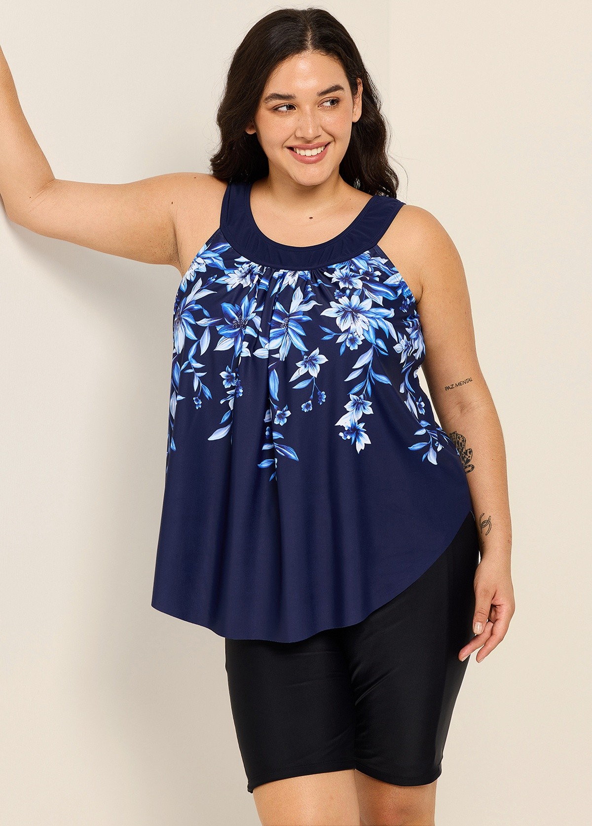 Navy Blue Floral Print Scoop Neck Vintage Curvy Women's Swimsuit Tankini Top